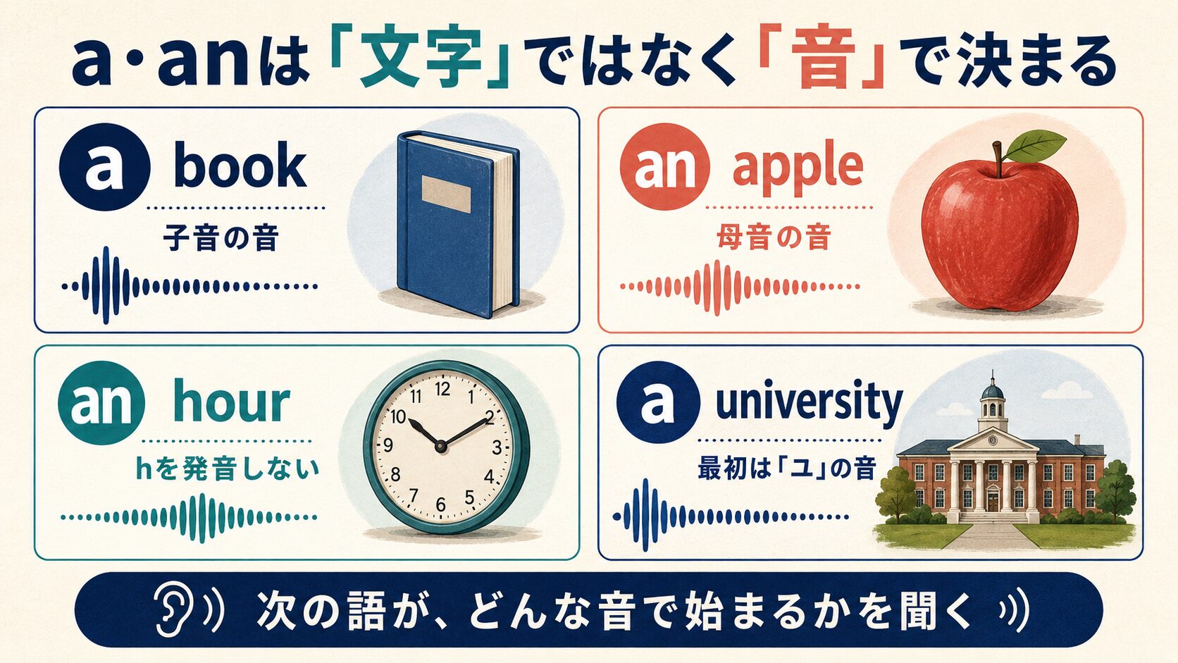 a book、an apple、an hour、a universityを使ってa・anが後ろの語の音で決まることを示す図