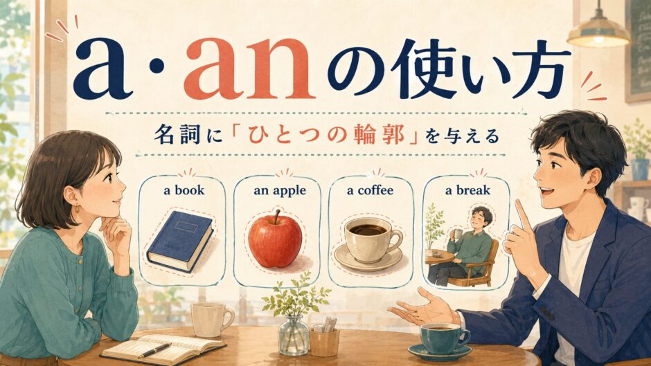 a・anが本、リンゴ、コーヒー、休憩にひとつの輪郭を与えるイメージ