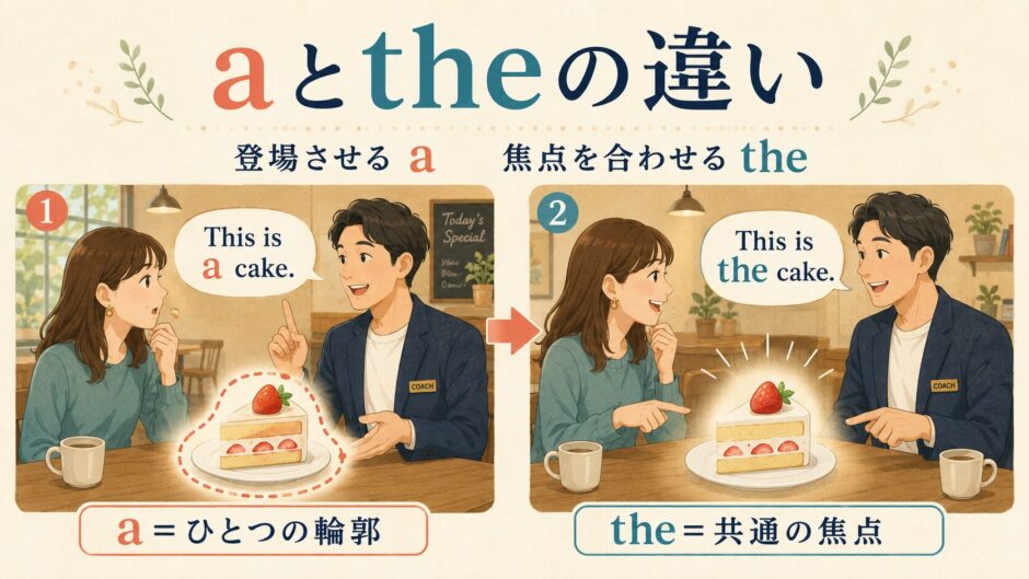 aはひとつの輪郭を作って登場させ、theは話し手と聞き手の共通の焦点を作る違い