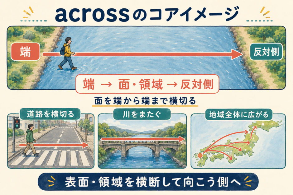 acrossのコアイメージである面や領域の端から反対側へ横切る動きを示した図解