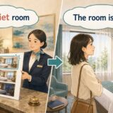 a quiet roomとThe room is quiet.をホテルの場面で比較する大人の英語学習者