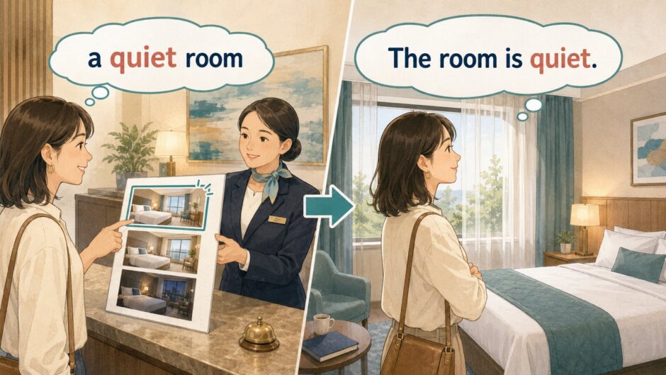 a quiet roomとThe room is quiet.をホテルの場面で比較する大人の英語学習者