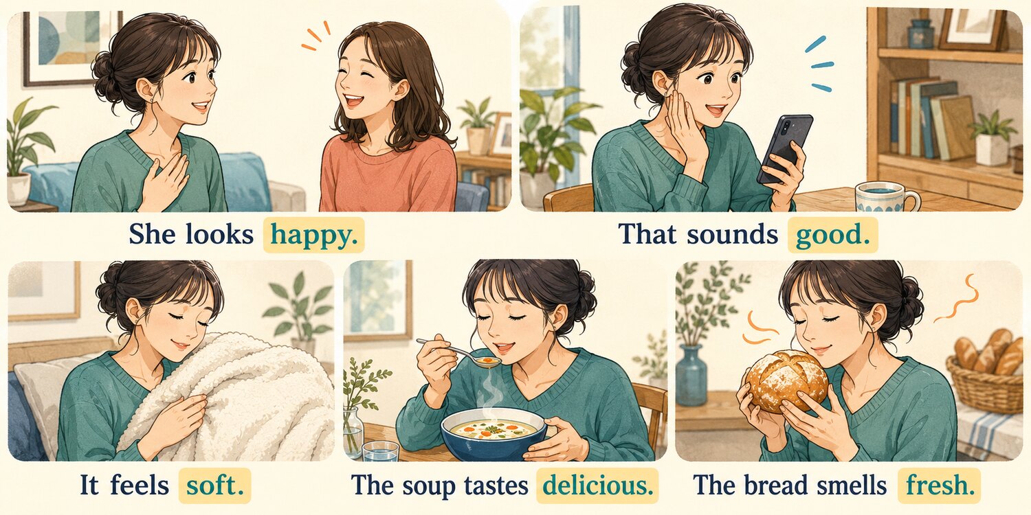 look、sound、feel、taste、smellの後に形容詞を置いて主語の様子を表す例