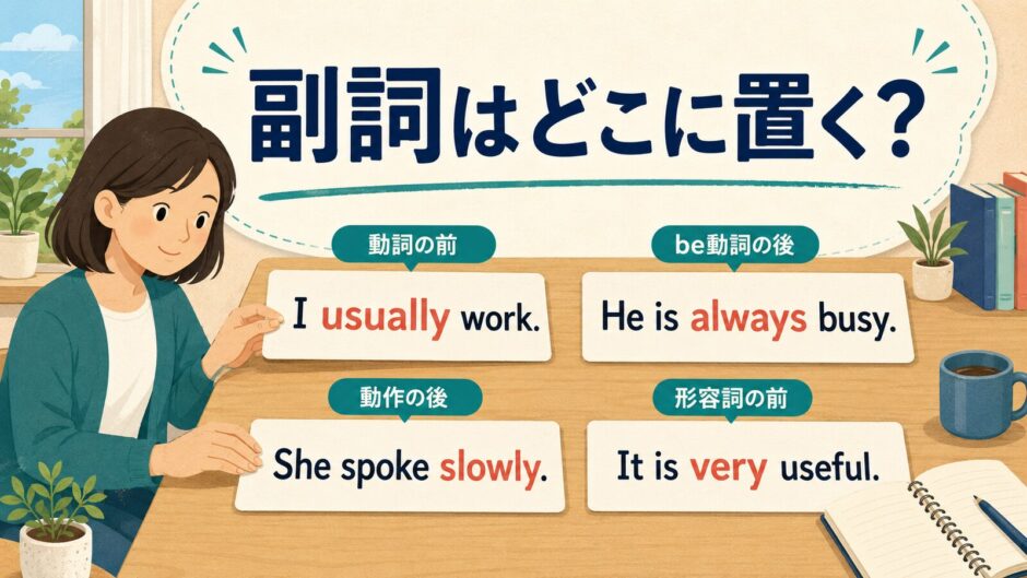 副詞の位置を動詞の前・be動詞の後・動作の後・形容詞の前で比較する図