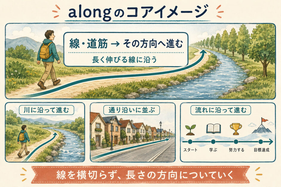 alongのコアイメージである道や川など長く伸びる線に沿って進む動きを示した図解