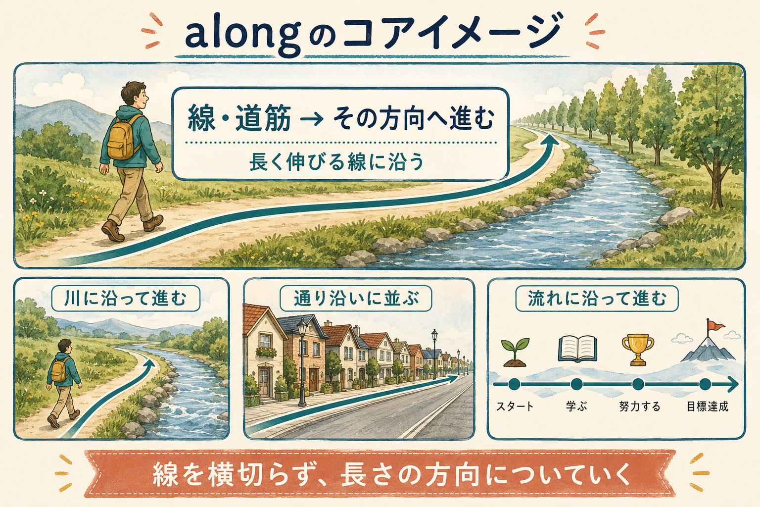 alongのコアイメージである道や川など長く伸びる線に沿って進む動きを示した図解