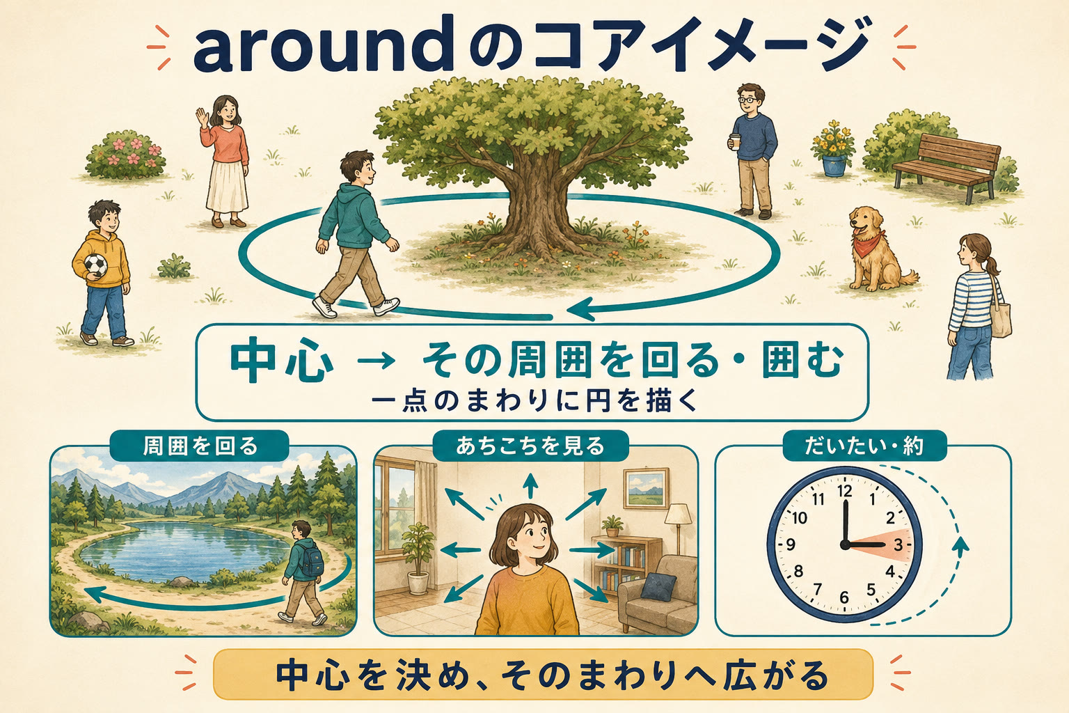aroundのコアイメージである中心のまわりを円を描いて回る・囲む様子を示した図解