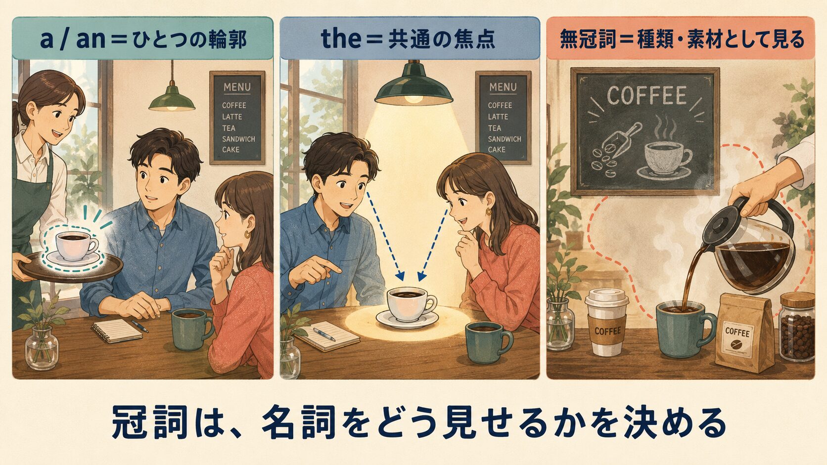 a・anはひとつの輪郭、theは共通の焦点、無冠詞は種類や素材として名詞を見る図