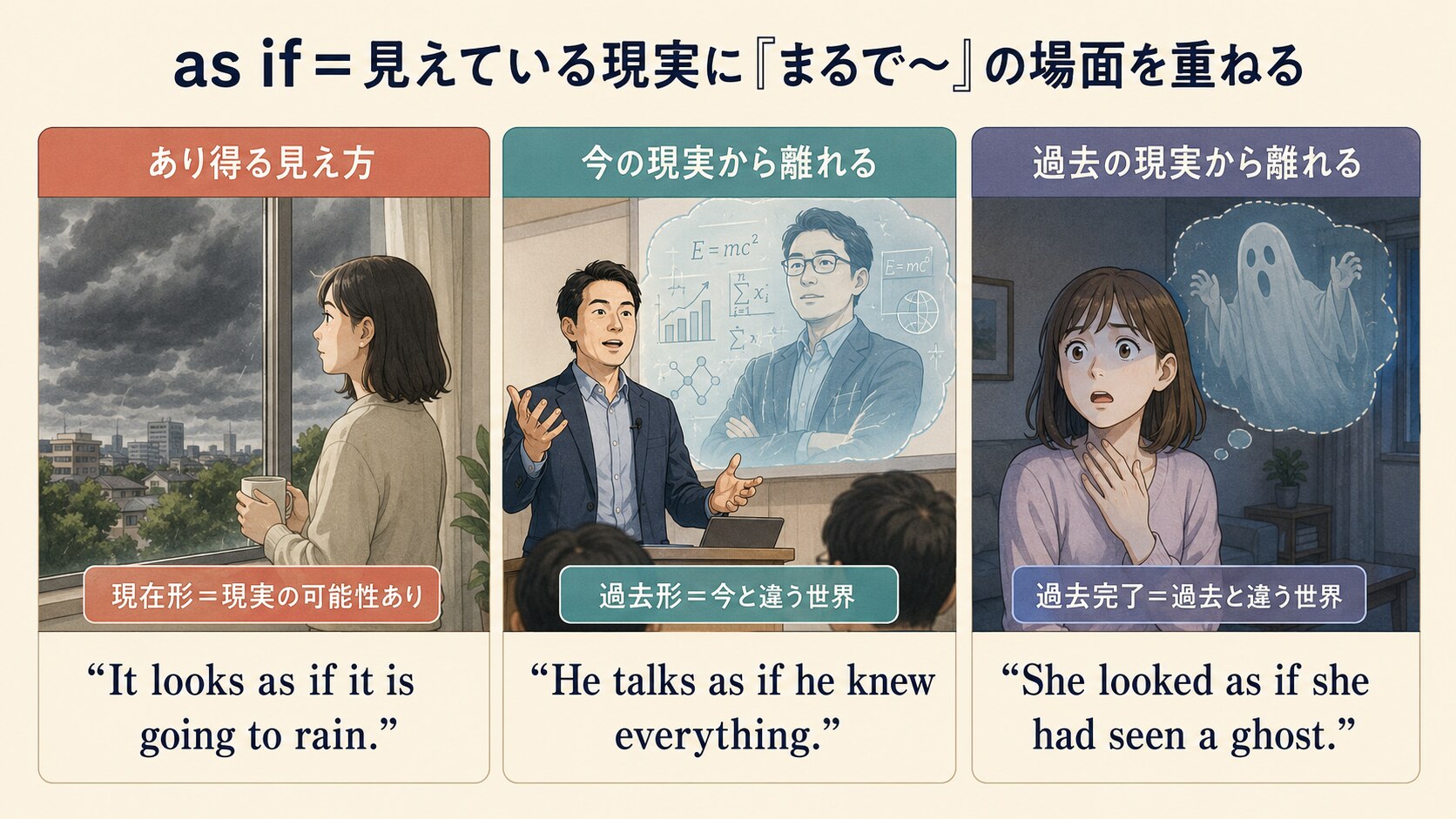 as ifの現在形・過去形・過去完了を現実との距離で比較した図解