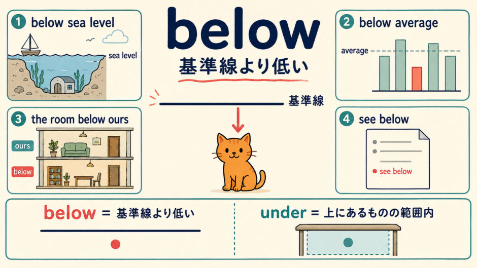 belowのコアイメージ「基準線より低い」をunderとの違いとともに示す図解
