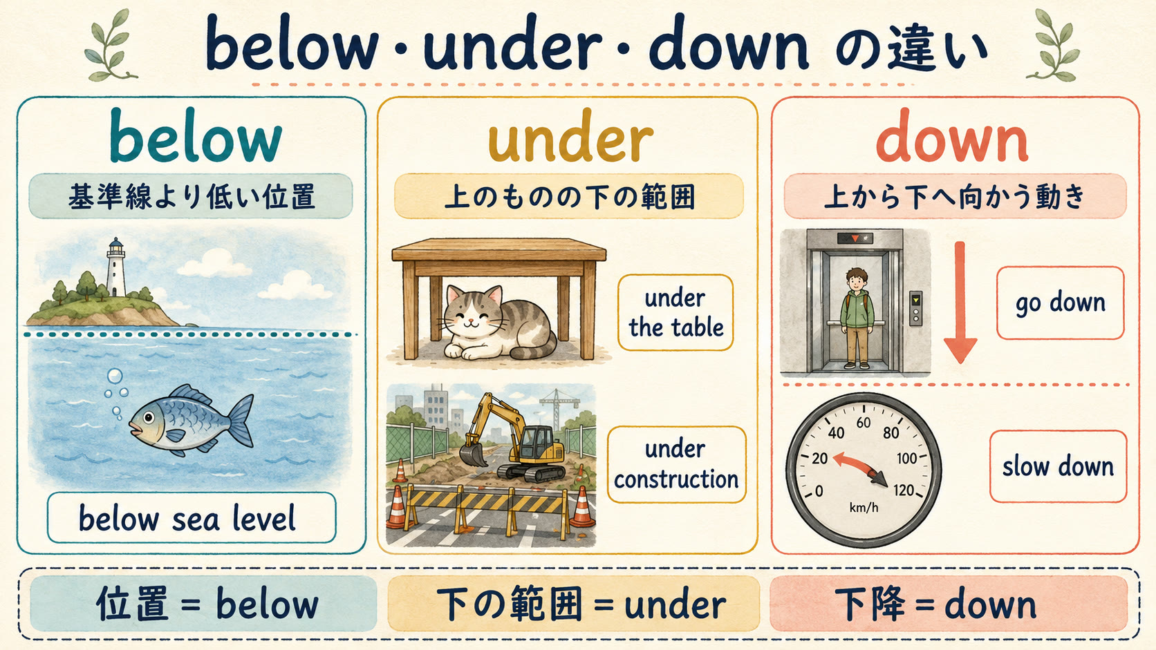 below・under・downの違いを低い位置・下の範囲・下降する動きで比較した図解