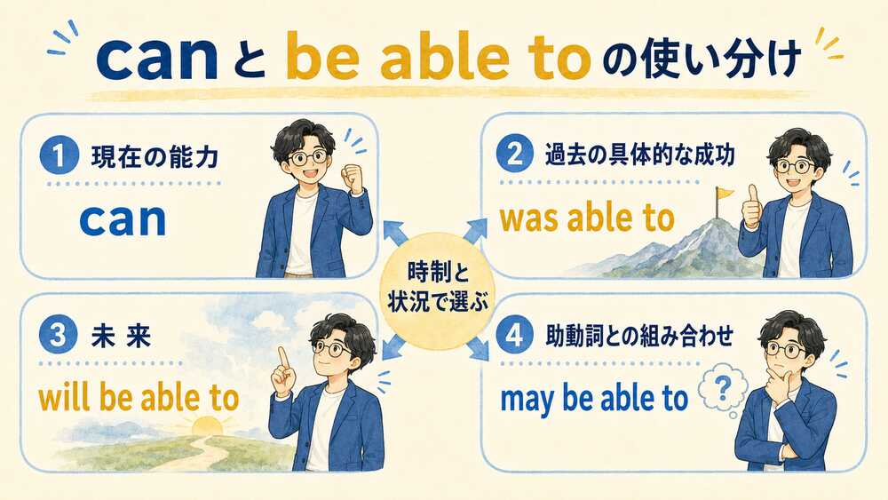 現在の能力、過去の具体的成功、未来、助動詞との組み合わせによるcanとbe able toの使い分け図解