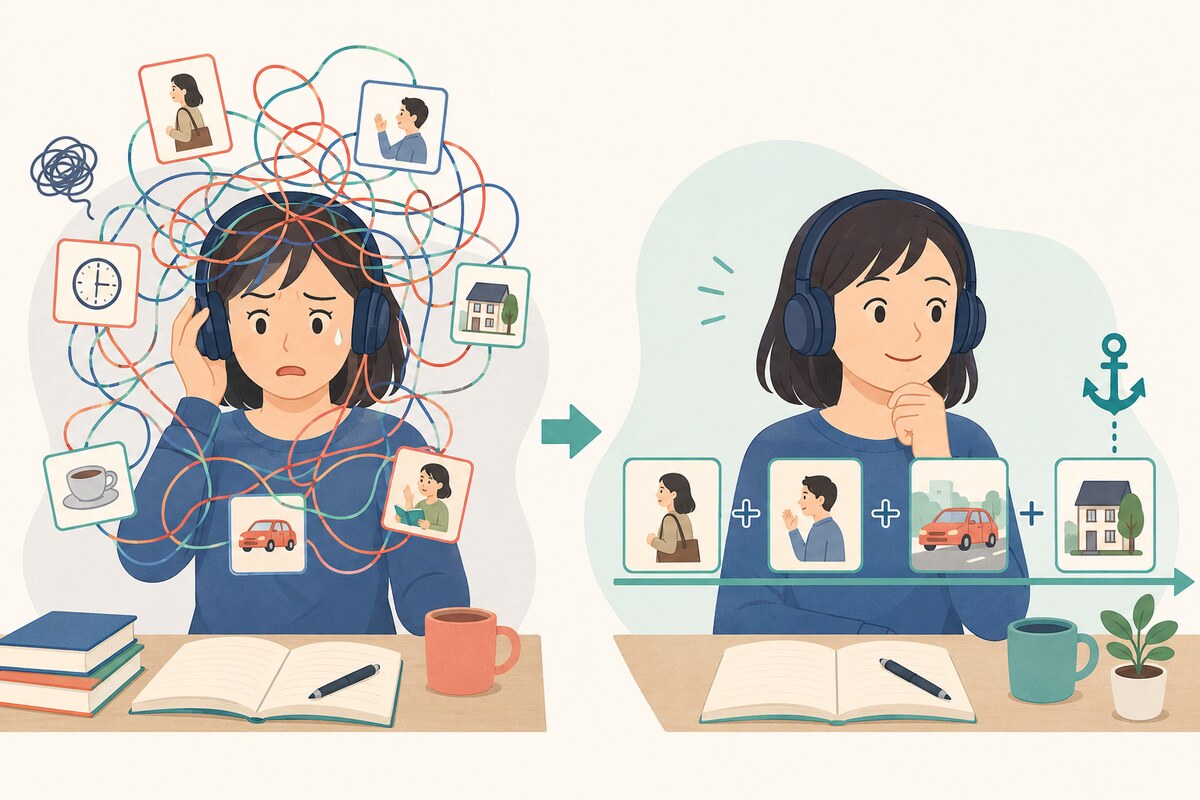 長い英語を後ろから並べ替えて混乱する聞き方と、意味のかたまりを前から足して理解する聞き方の比較イラスト