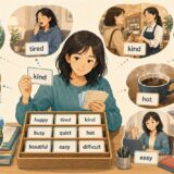 happy、tired、kind、busy、quietなどの基本形容詞を日常の場面ごとに選ぶ大人の英語学習者
