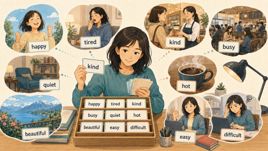 happy、tired、kind、busy、quietなどの基本形容詞を日常の場面ごとに選ぶ大人の英語学習者