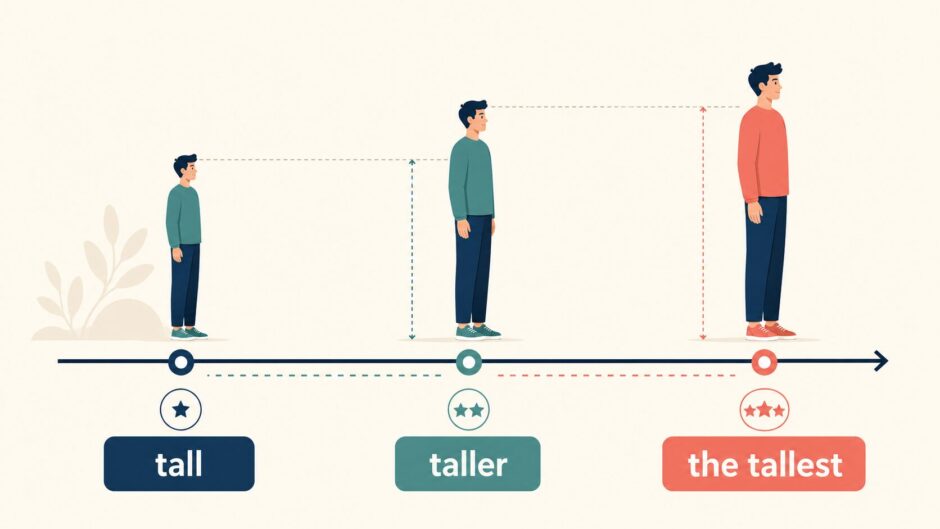 tall・taller・the tallestを基準との距離で表した比較級・最上級の図解