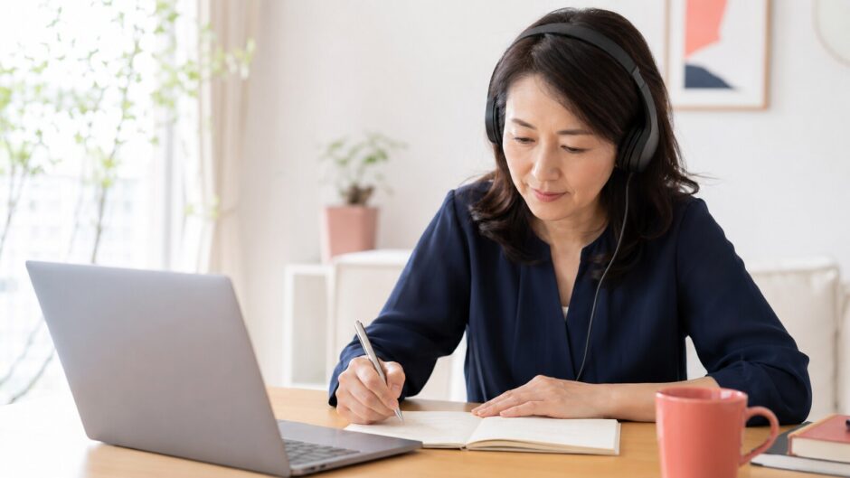 英語音声を聞きながらノートに書き取るディクテーション練習中の社会人女性