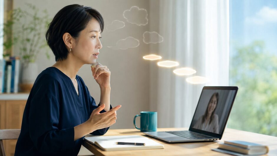 オンライン英会話で話そうとすると言葉が出ず、考え込む社会人女性