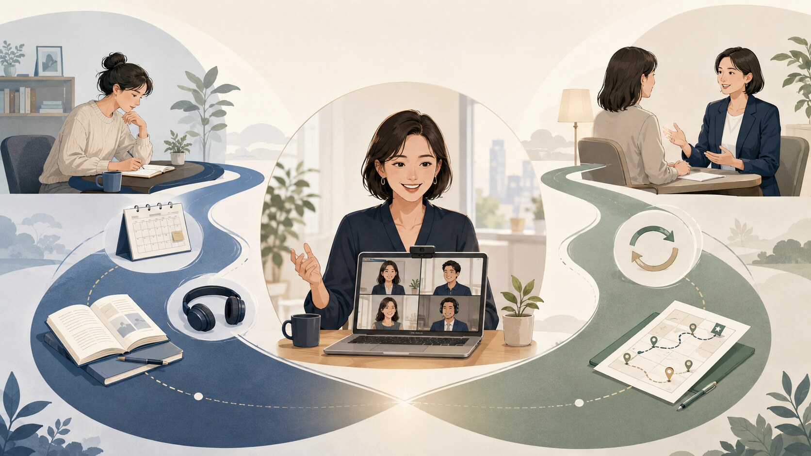 独学と英語コーチングの二つの学習経路を表すイラスト