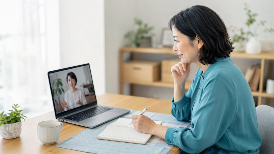 英語コーチングの無料カウンセリングで質問をメモする女性