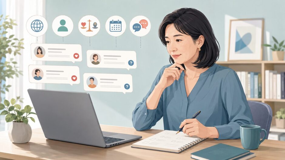 複数の英語コーチングの口コミを5つの視点で比較している女性