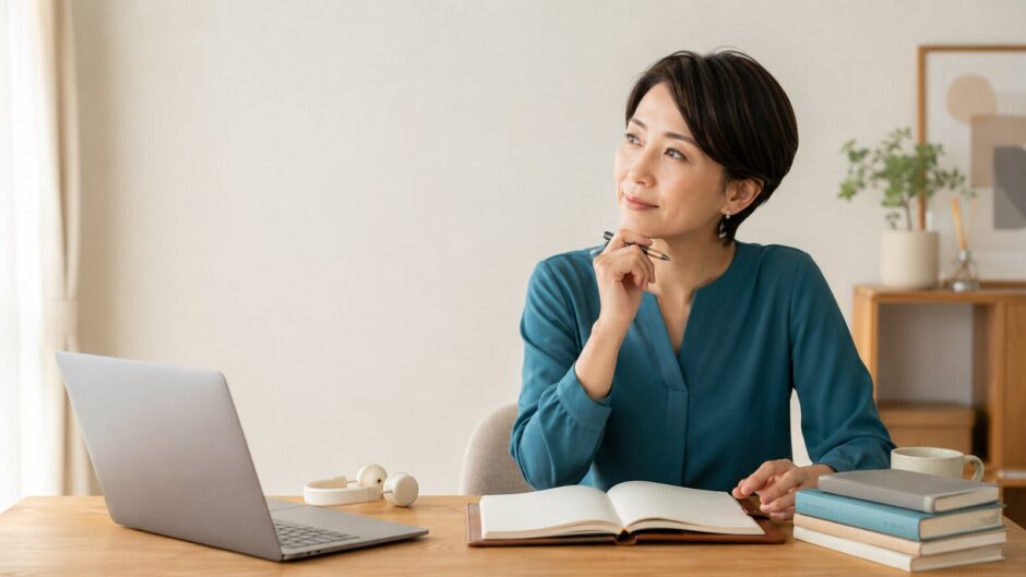 新しい教材を買う前に英語学習計画を見直す女性