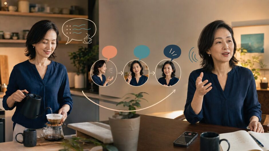 コーヒーを入れながら英語で実況し一日の出来事を3文で再演する社会人女性