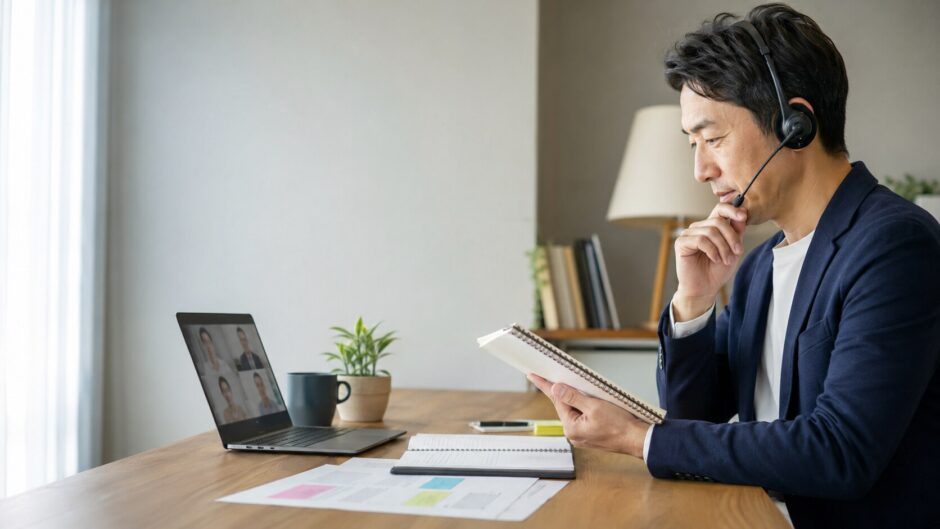 英語会議の前に資料と表現を準備する社会人
