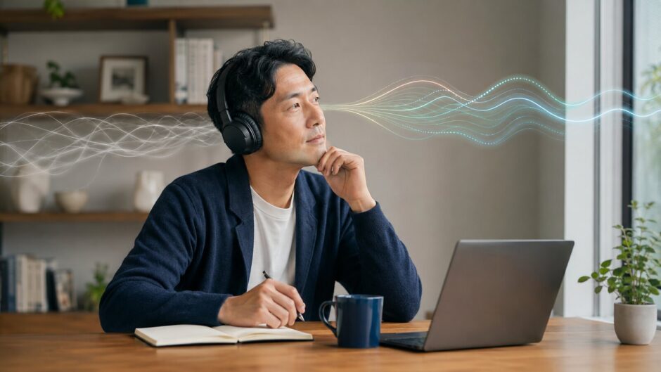 英語が聞き取れず悩む社会人がリスニング練習に取り組む様子