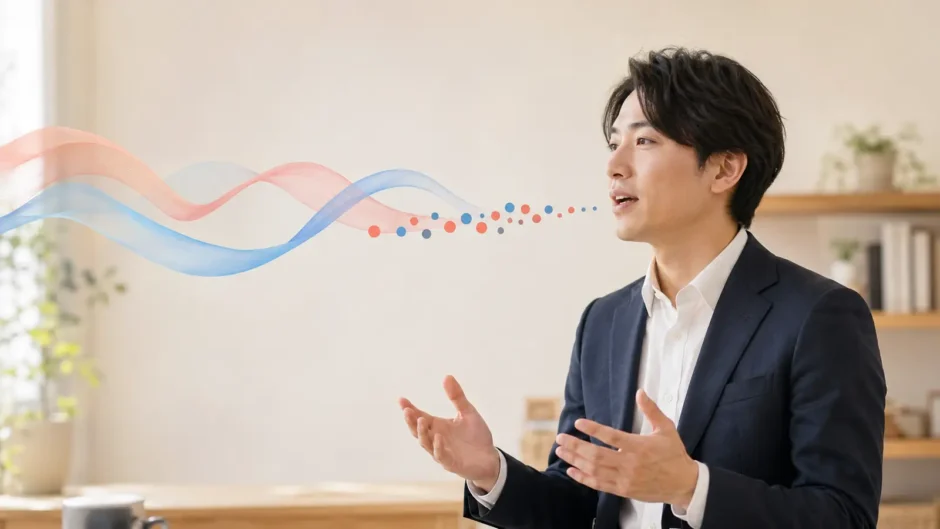 区切られた英語の音が声の流れによって自然につながるイメージ