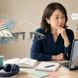 毎日英語を勉強しているのにオンライン英会話で言葉が出ず考え込む社会人女性