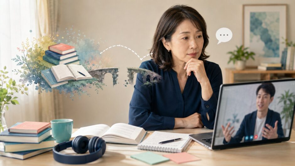 毎日英語を勉強しているのにオンライン英会話で言葉が出ず考え込む社会人女性