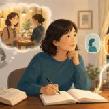 日本語を英訳せず、場面から英語日記を書く女性のイラスト