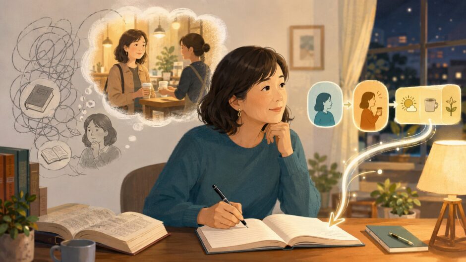 日本語を英訳せず、場面から英語日記を書く女性のイラスト