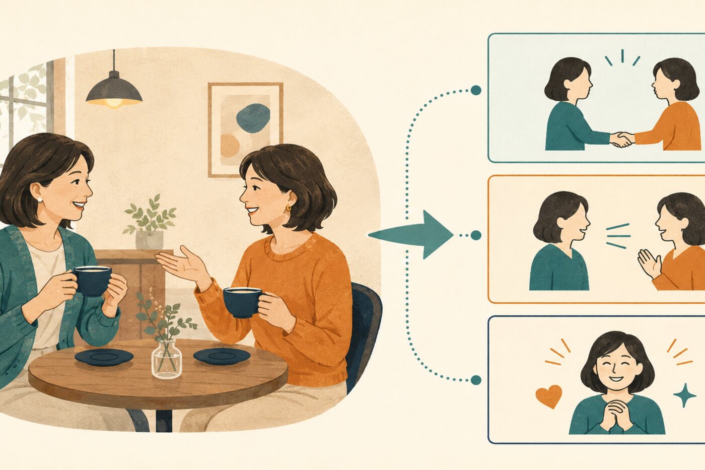 カフェで友人と会った場面を複数の短い英語の骨格へ分けるイラスト