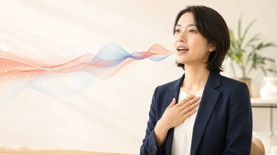 喉や首の力を抜き声と息を流しながら英語を話す社会人