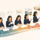 お手本のある練習から場面を使った独り言と実際の英会話へ進むイメージ