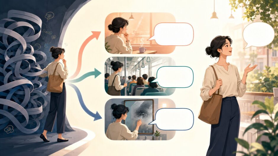 一つの正解表現への固着を外して複数の簡単な英語で場面を伝えるイメージ
