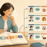 お手本の英文の型を保ちながら内容を書き換えて話す女性のイラスト