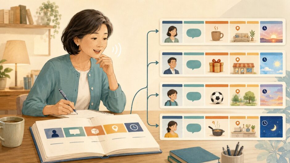 お手本の英文の型を保ちながら内容を書き換えて話す女性のイラスト