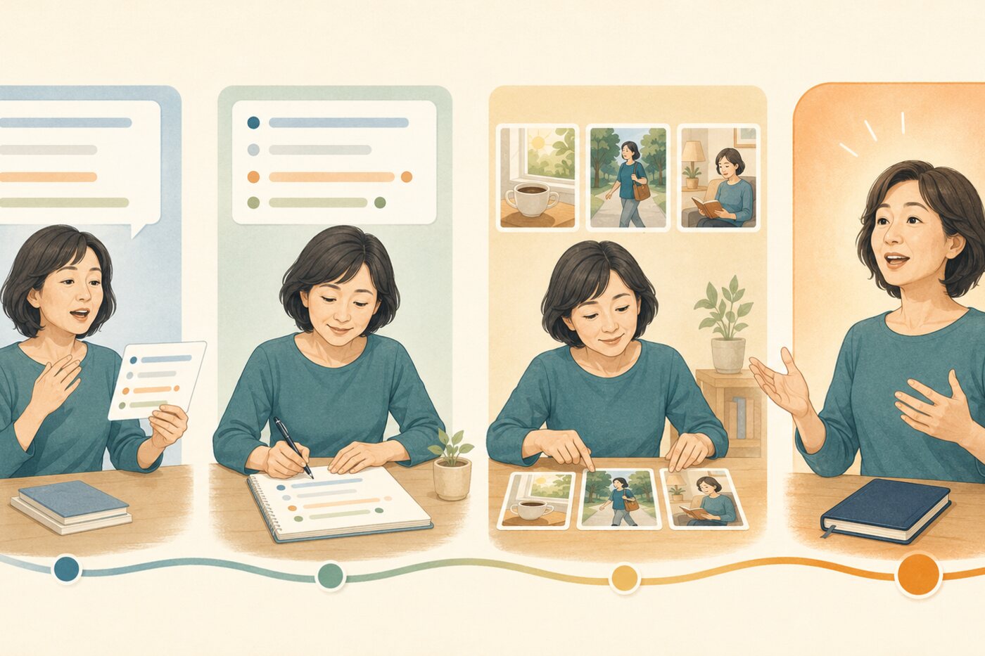 音読・リライト・英語日記・独り言の4段階で一人スピーキング練習を進める女性のイラスト