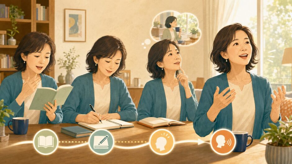 音読・リライト・英語日記・独り言の順に一人でスピーキング練習を進める女性