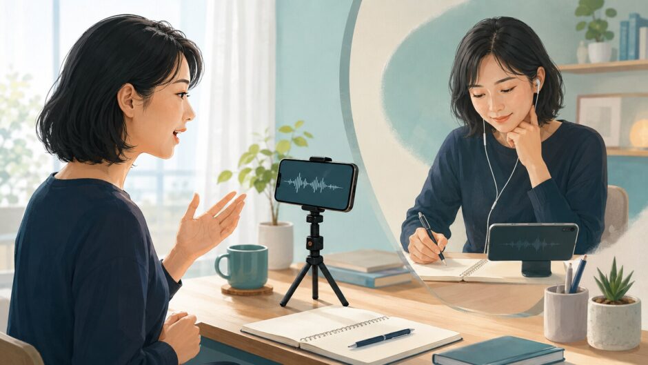 英語スピーキングをスマートフォンで録音し落ち着いて聞き返して振り返る学習者