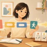 英語の文の骨格を表すカードを並べる女性と4つのギターコードのイラスト