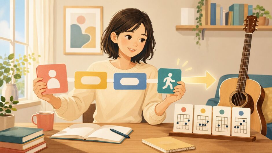英語の文の骨格を表すカードを並べる女性と4つのギターコードのイラスト