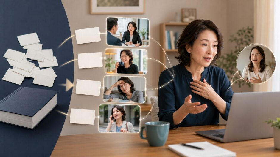 覚えた英単語を複数の生活場面と結びつけて英会話で使う社会人女性