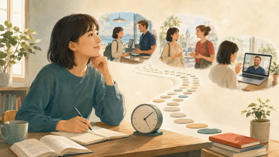100時間の英語学習で現実的な最初の変化を思い描く大人の学習者