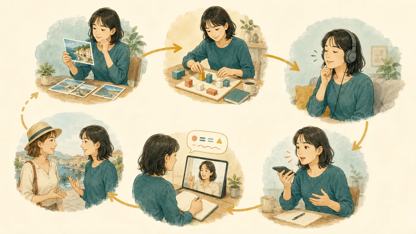 場面設定から聞く・話す・修正する・使うまでを循環させる英語学習のイラスト