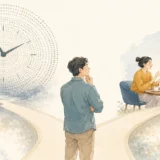 巨大な時計と日常会話への道を前に考える英語学習者