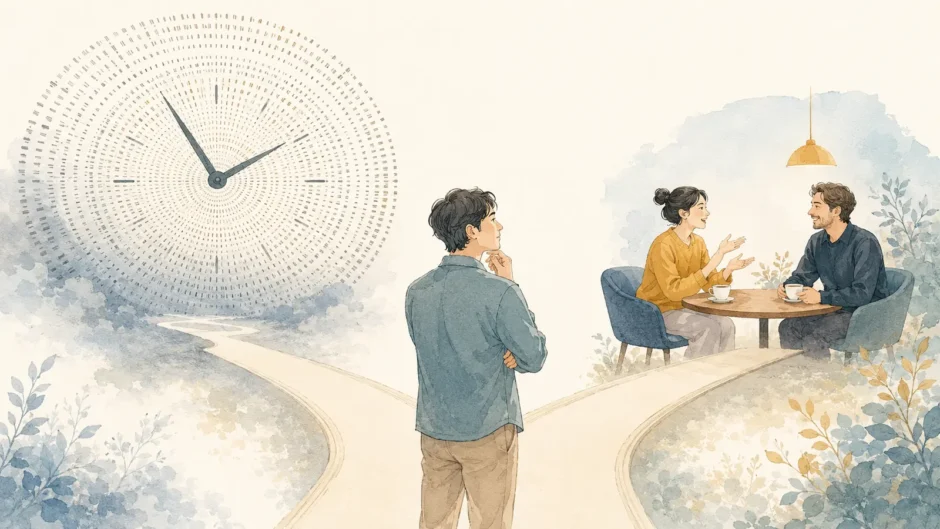 巨大な時計と日常会話への道を前に考える英語学習者